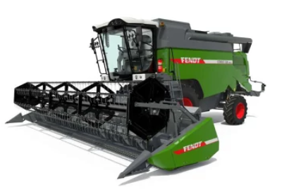 Produktbild eines Fendt Mähdreschers in grüner Lackierung, seitliche Ansicht vor weißem Hintergrund