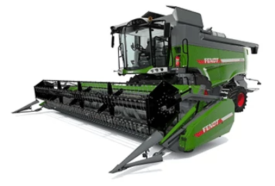 Produktbild eines Fendt Mähdreschers in grüner Lackierung, seitliche Ansicht vor weißem Hintergrund