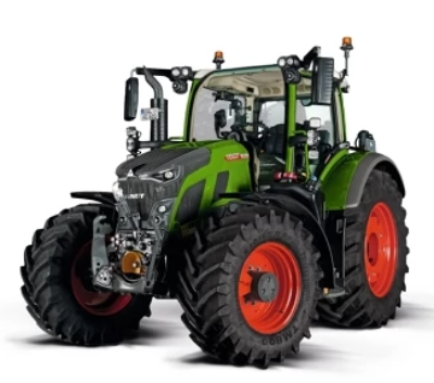 Frontal leicht seitliche Ansicht eines grünen Fendt-Traktors mit großen Profilreifen vor weißem Hintergrund